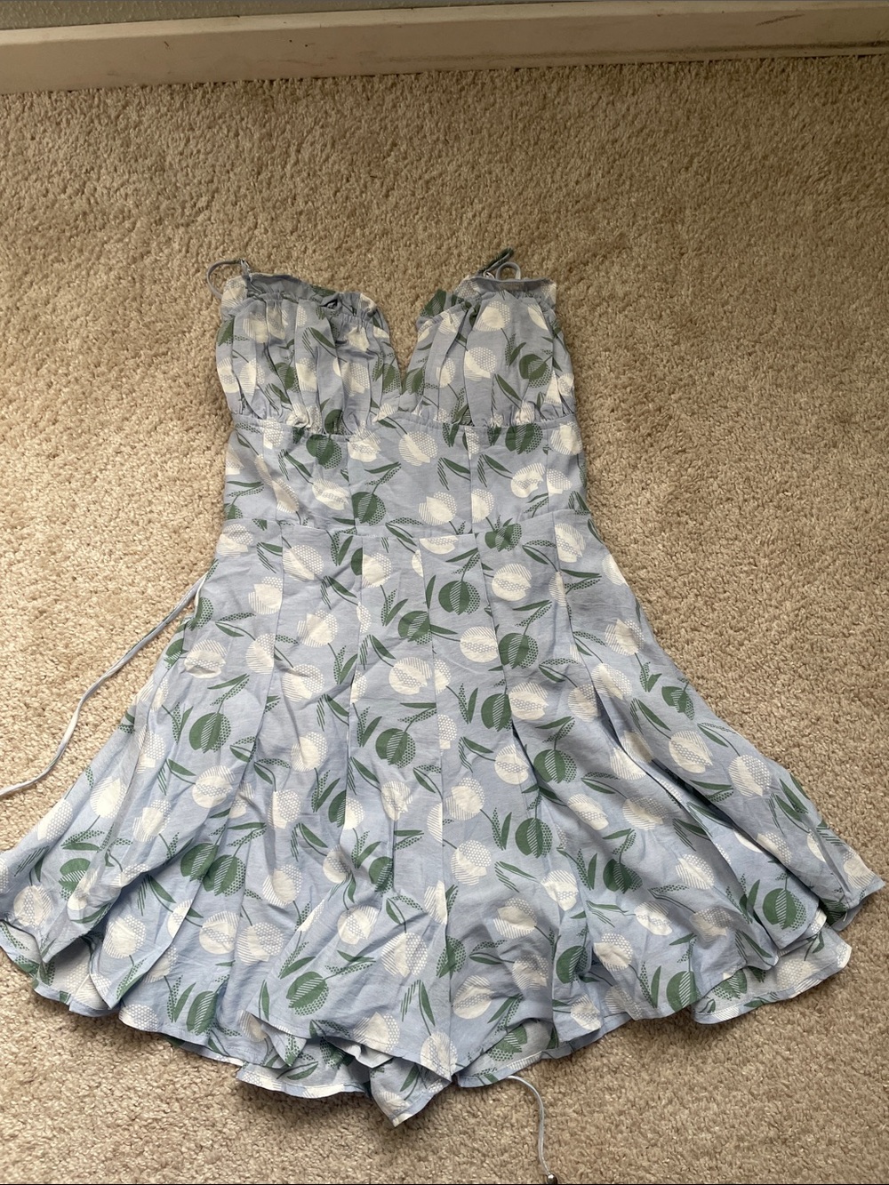 Light Blue Floral MiniRomper with Green Leaf Print